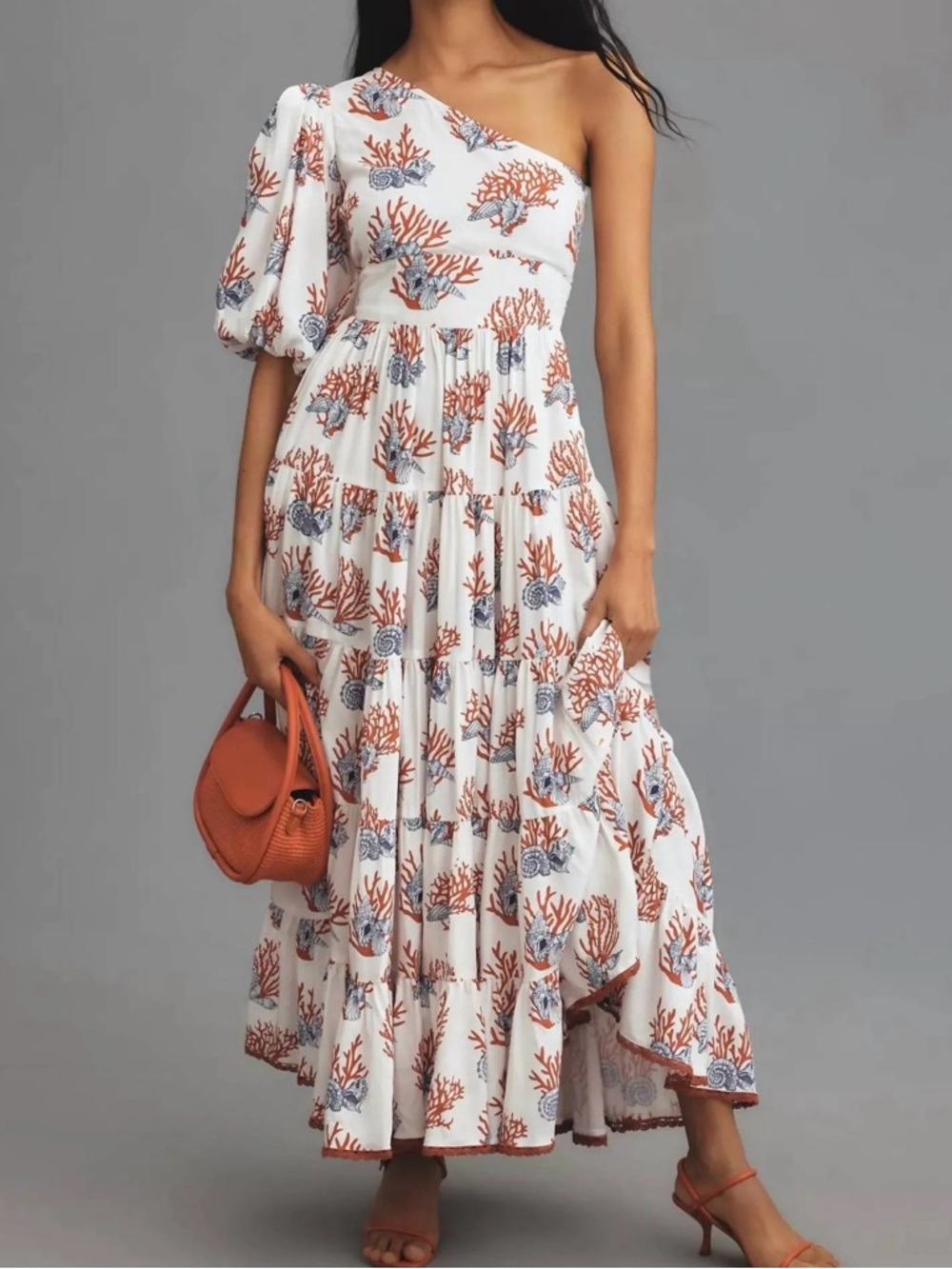 Anthropologie White One-Shoulder Coral-Print Maxi Dress
